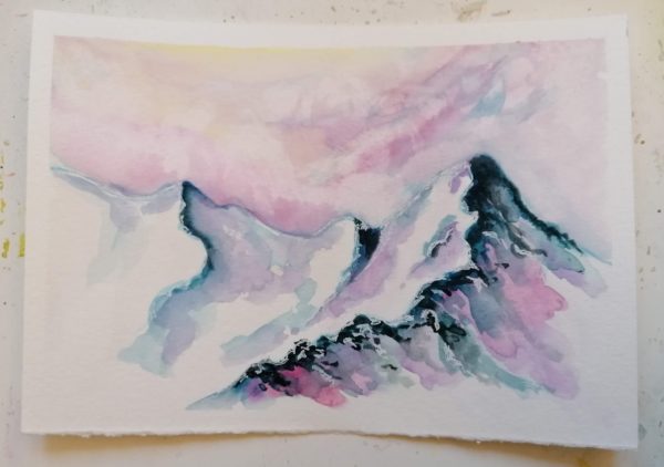 watercolour painting landscape mountain scene